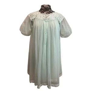 Vintage 60s Babydoll Peignoir Set Green Rosettes Romantic Bridal Honeymoon Pinup